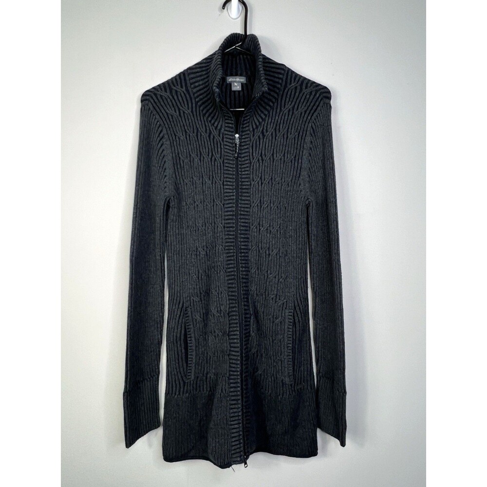 Eddie Bauer Cable Knit Double Zip Sweater Women’s Medium Mock Neck Fisherman